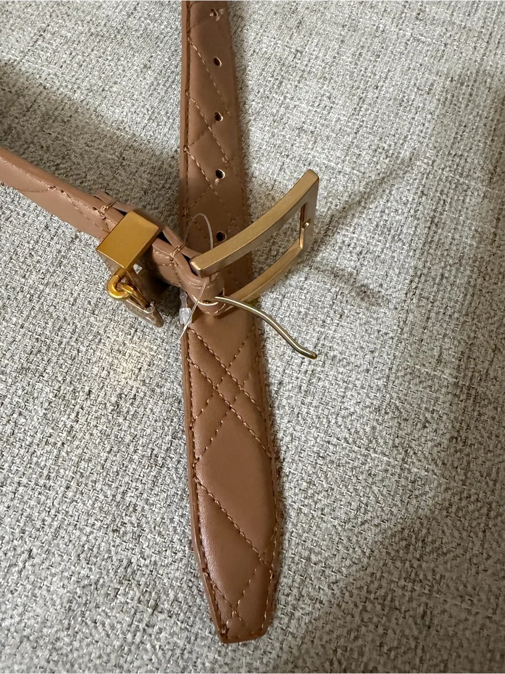 Men's Tan Quilted Leather Belt with Gold Buckle